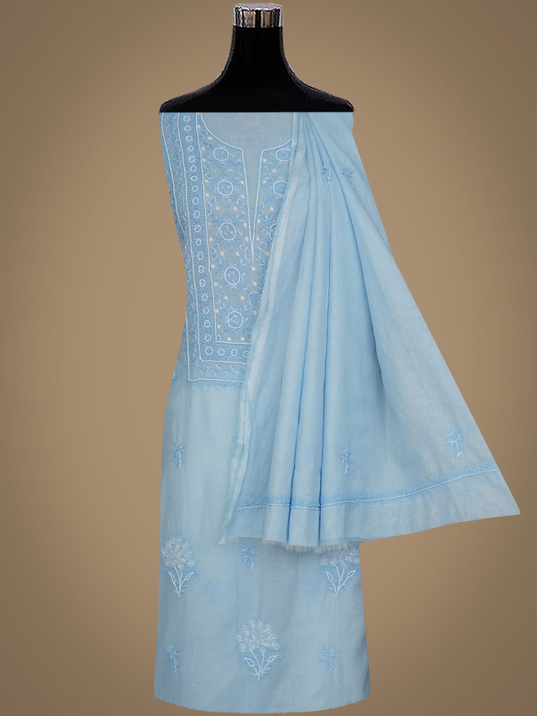 Ada Hand Embroidered Blue Chanderi Lucknowi Chikankari Unstitched Kurta Dupatta With Cutdana Work 01A972750