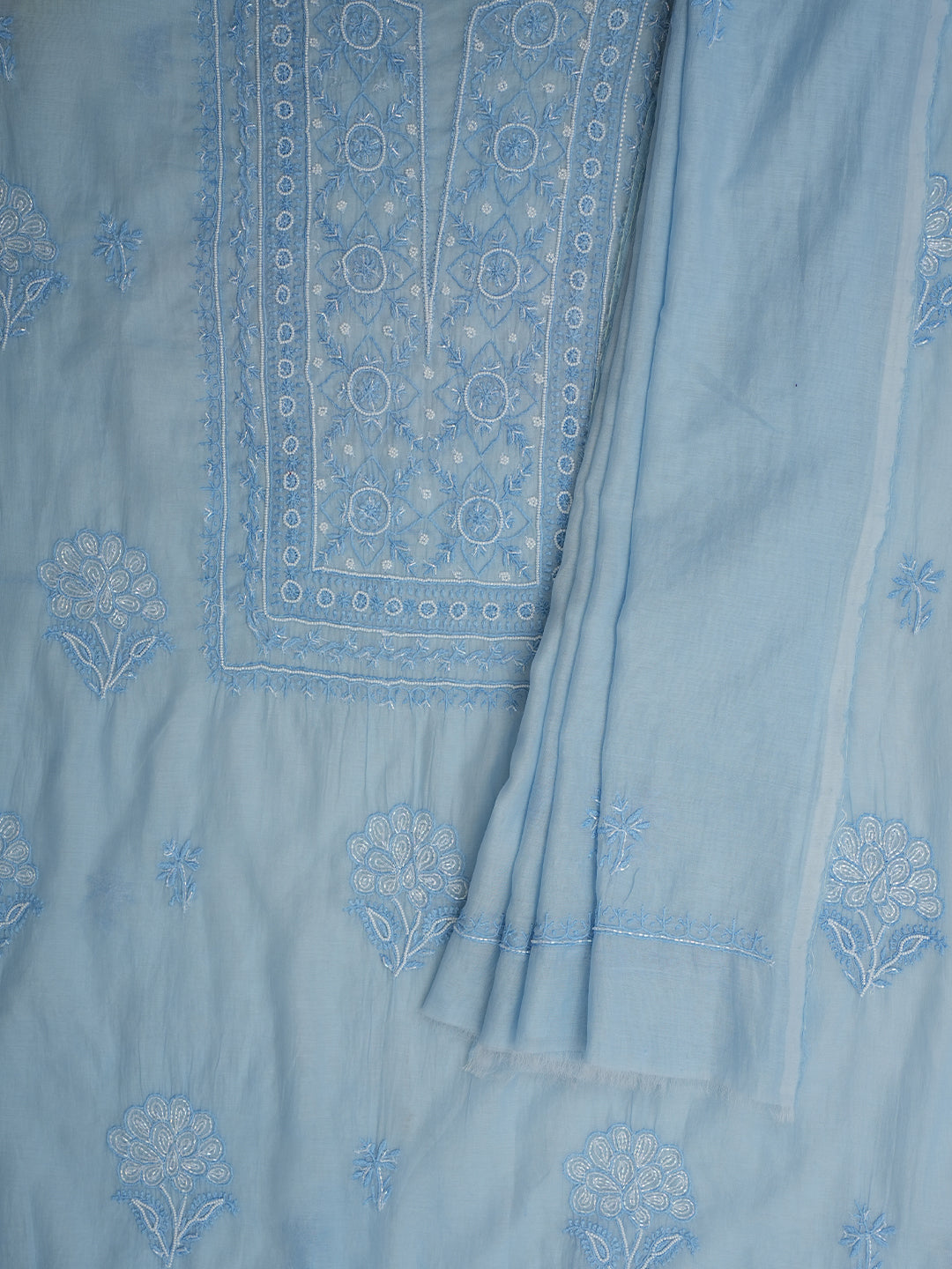 Ada Hand Embroidered Blue Chanderi Lucknowi Chikankari Unstitched Kurta Dupatta With Cutdana Work 01A972750