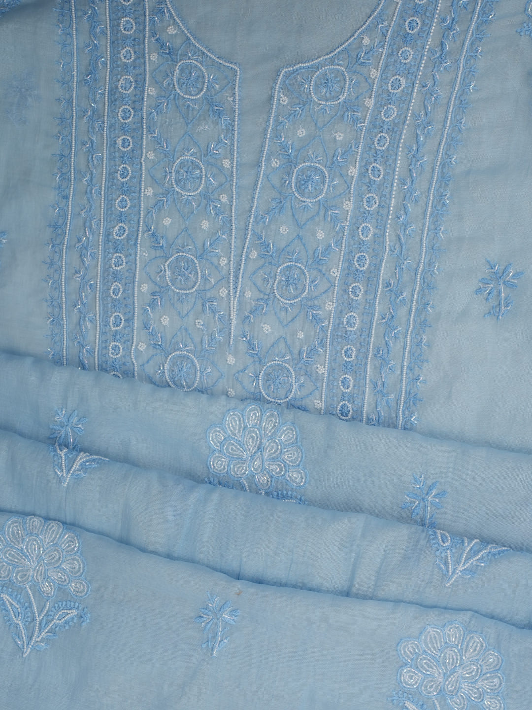Ada Hand Embroidered Blue Chanderi Lucknowi Chikankari Unstitched Kurta Dupatta Set With Cutdana Work 01A972750