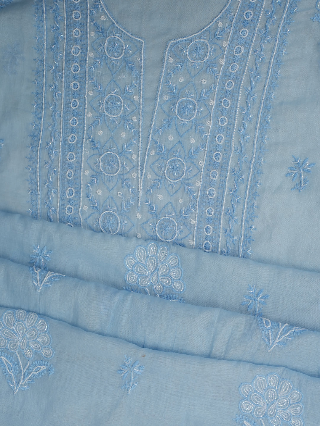 Ada Hand Embroidered Blue Chanderi Lucknowi Chikankari Unstitched Kurta Dupatta With Cutdana Work 01A972750