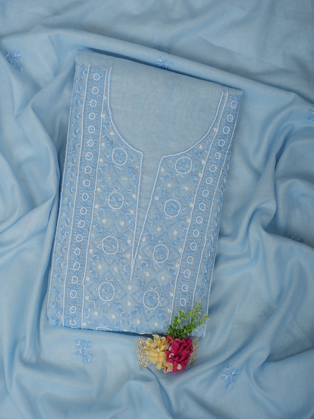 Ada Hand Embroidered Blue Chanderi Lucknowi Chikankari Unstitched Kurta Dupatta With Cutdana Work 01A972750