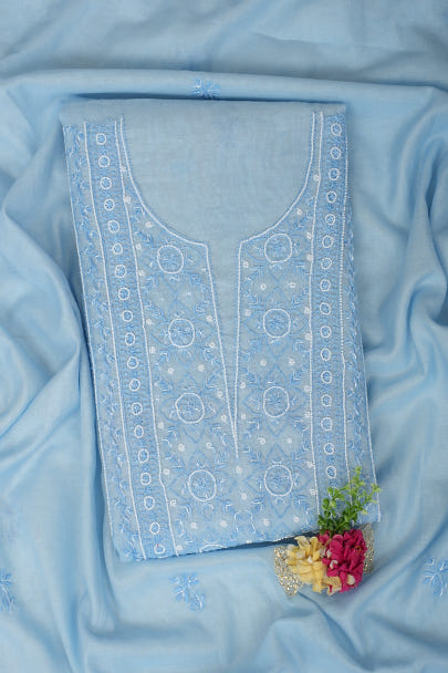 Ada Hand Embroidered Blue Chanderi Lucknowi Chikankari Unstitched Kurta Dupatta Set With Cutdana Work 01A972750