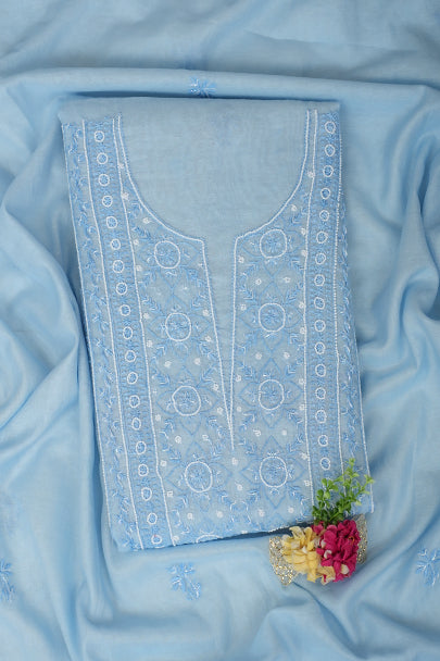 Ada Hand Embroidered Blue Chanderi Lucknowi Chikankari Unstitched Kurta Dupatta With Cutdana Work 01A972750