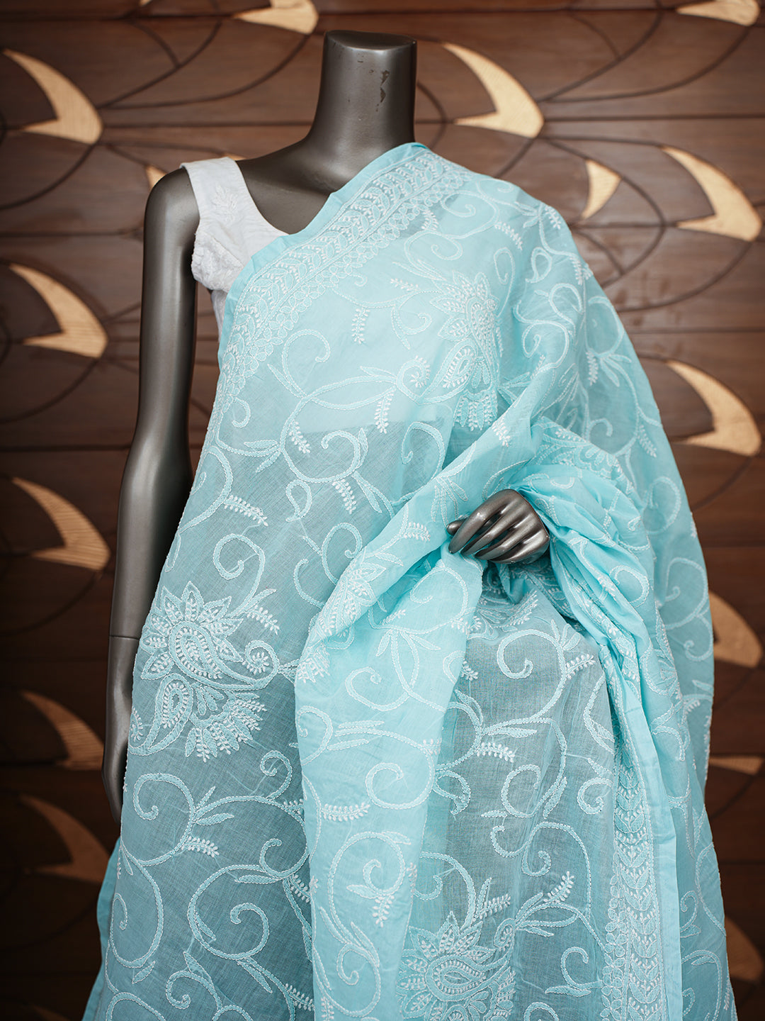Ada Hand Embroidered Blue Cotton Lucknowi Chikankari Dupatta 01A954288
