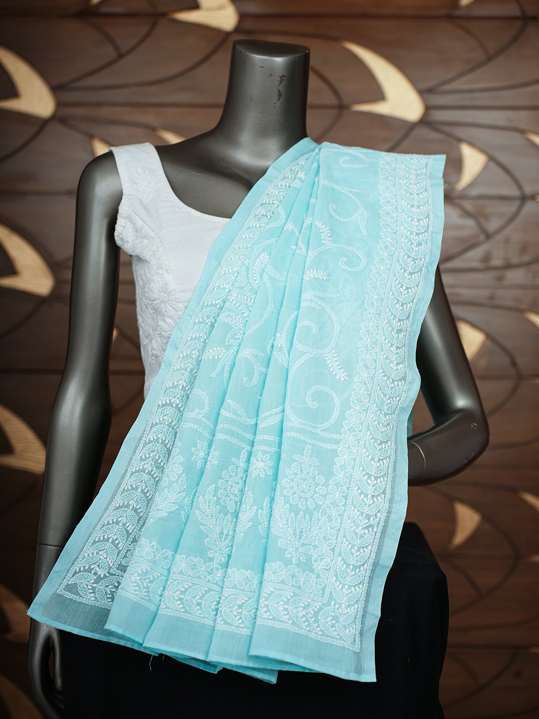 Ada Hand Embroidered Blue Cotton Lucknowi Chikankari Dupatta 01A954288