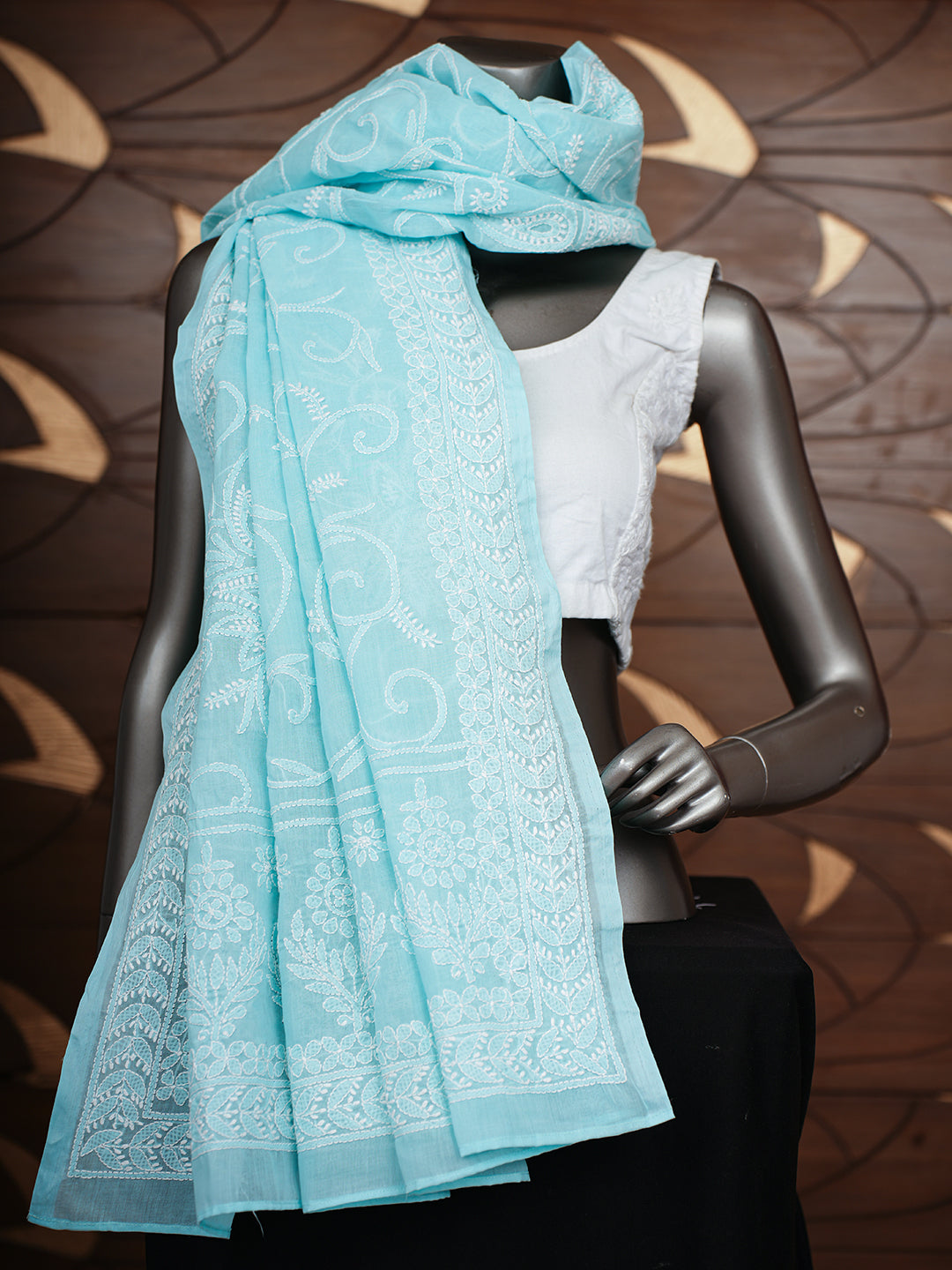 Ada Hand Embroidered Blue Cotton Lucknowi Chikankari Dupatta 01A954288