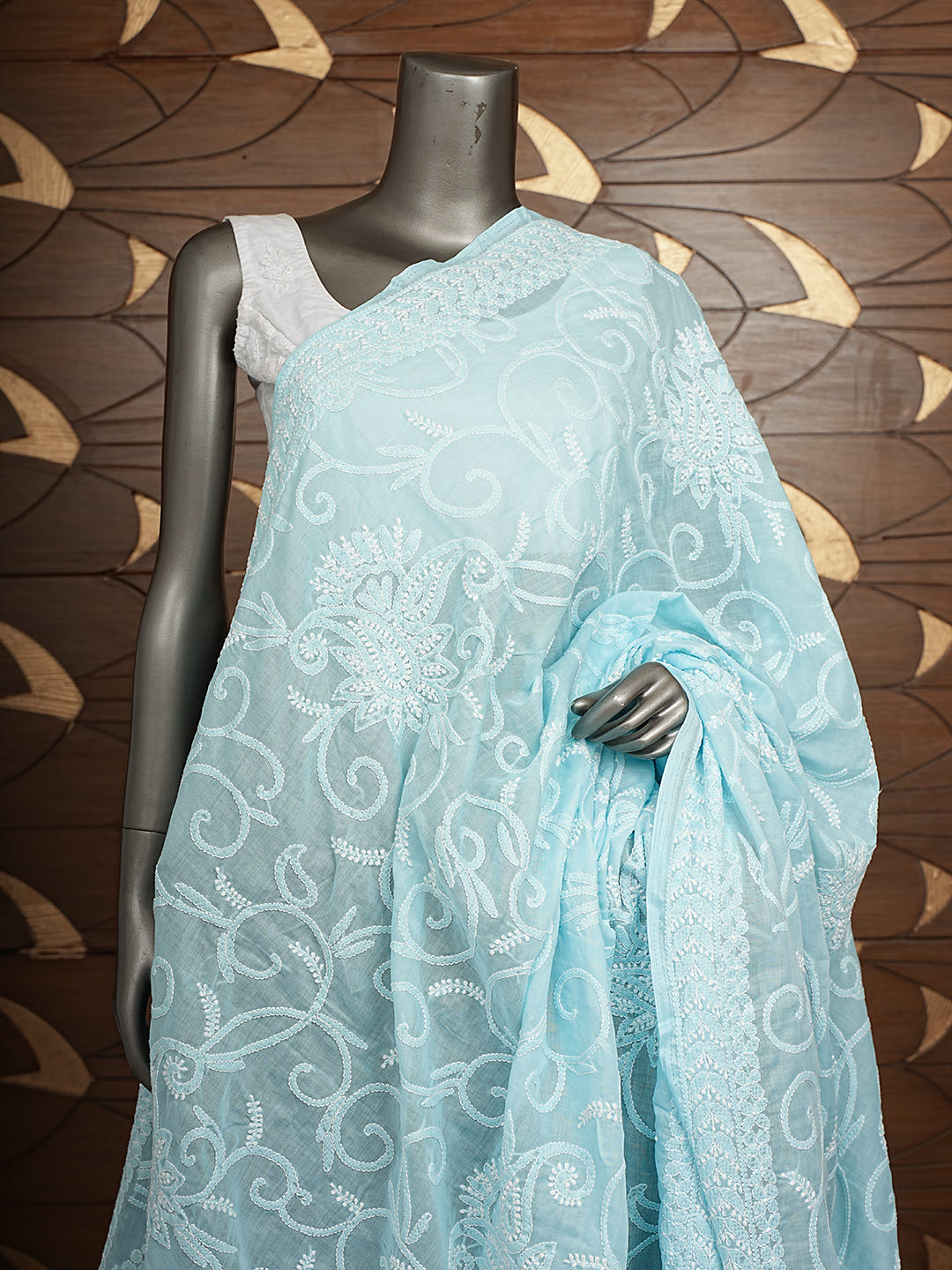 Ada Hand Embroidered Blue  Cotton Lucknowi Chikankari Dupatta 01A995058_2
