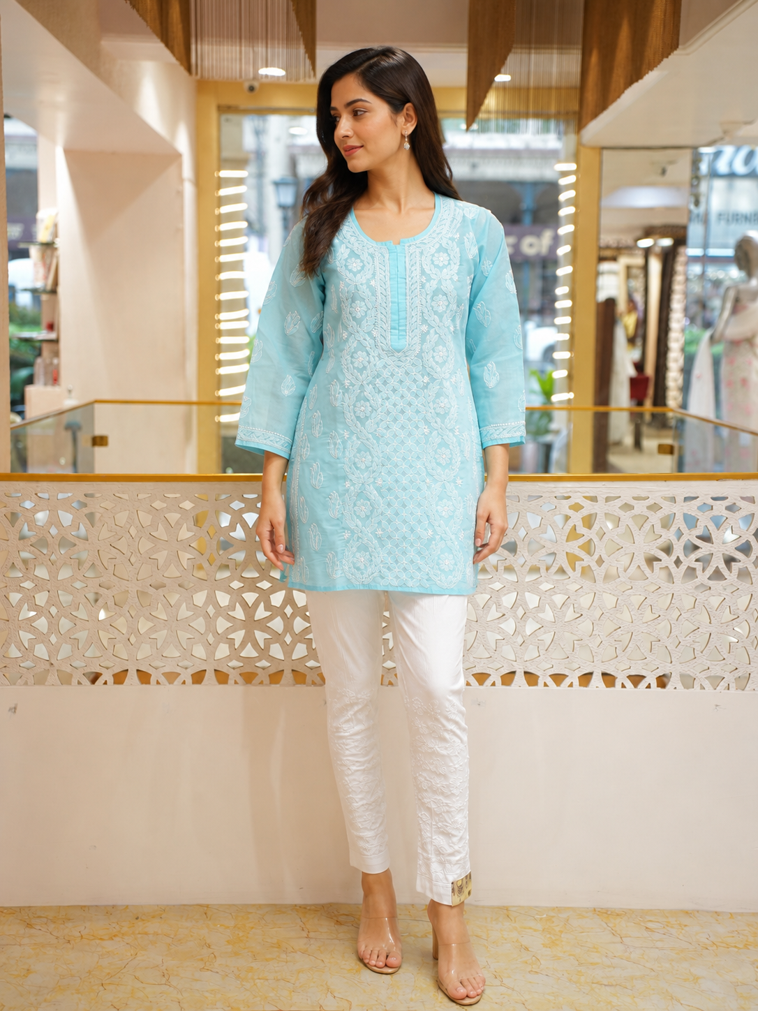 Ada Hand Embroidered Blue Cotton Lucknowi Chikankari Short Kurti A911605_4