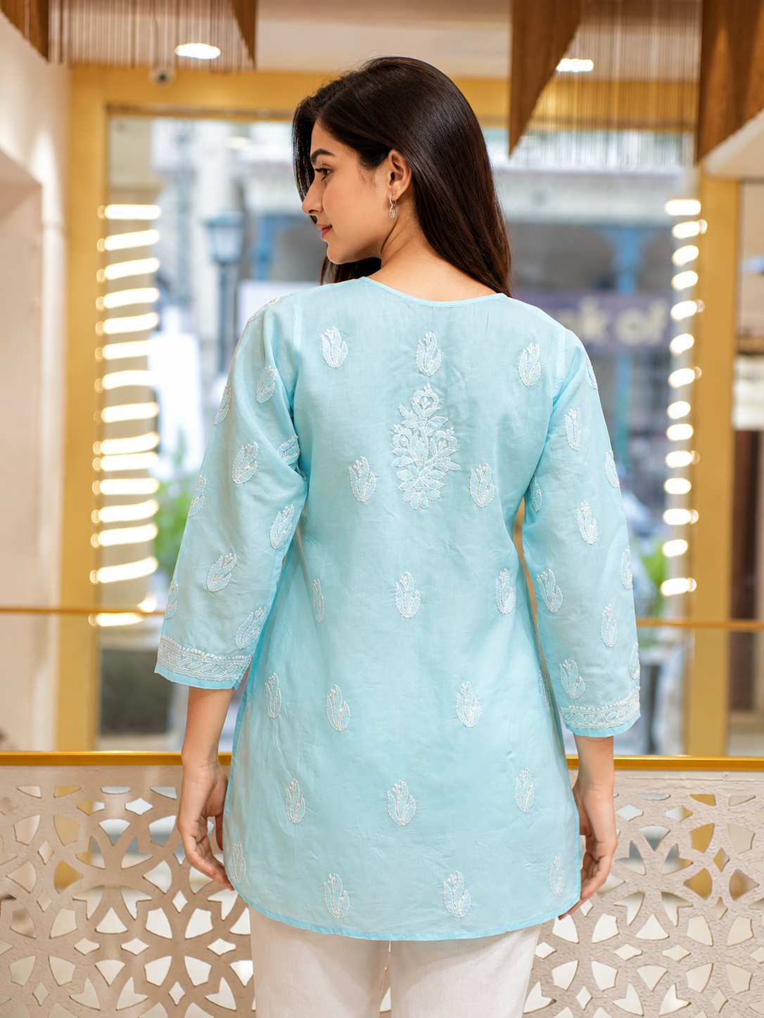 Ada Hand Embroidered Blue Cotton Lucknowi Chikankari Short Kurti A911605_5