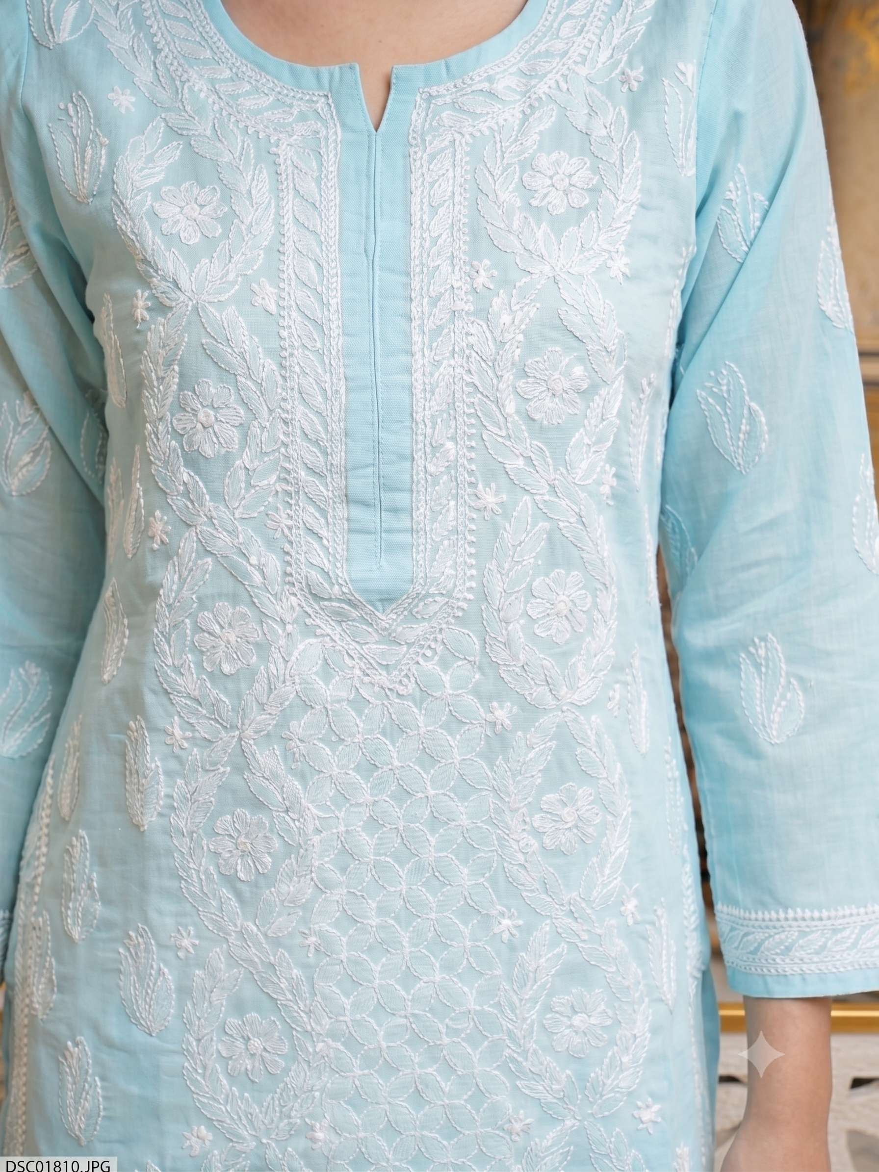 Ada Hand Embroidered Blue Cotton Lucknowi Chikankari Short Kurti A911605_2