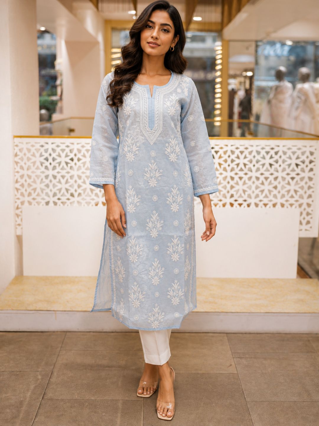 Ada Hand Embroidered Blue Cotton Lucknowi Chikankari Straight Kurta A011131