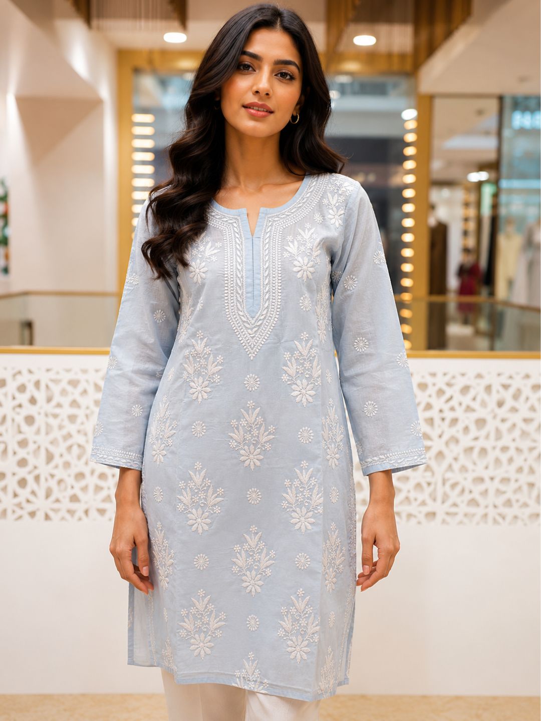 Ada Hand Embroidered Blue Cotton Lucknowi Chikankari Straight Kurta A011131