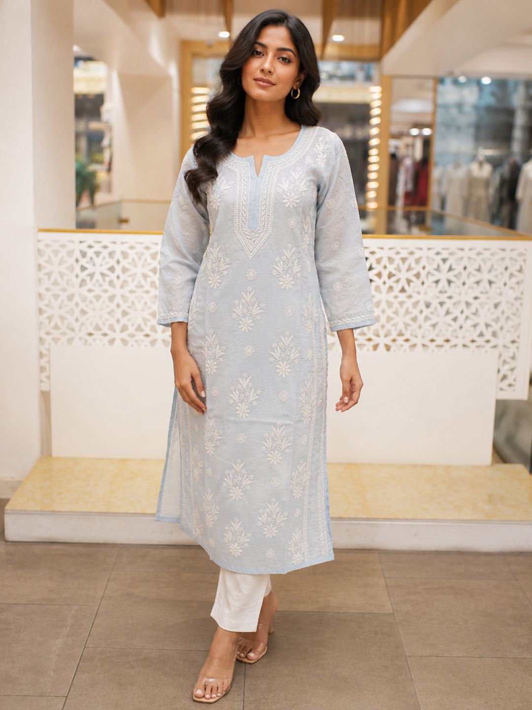 Ada Hand Embroidered Blue Cotton Lucknowi Chikankari Straight Kurta A011131