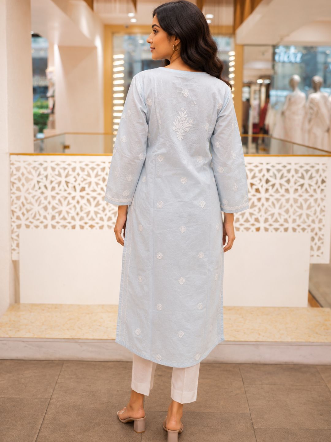 Ada Hand Embroidered Blue Cotton Lucknowi Chikankari Straight Kurta A011131
