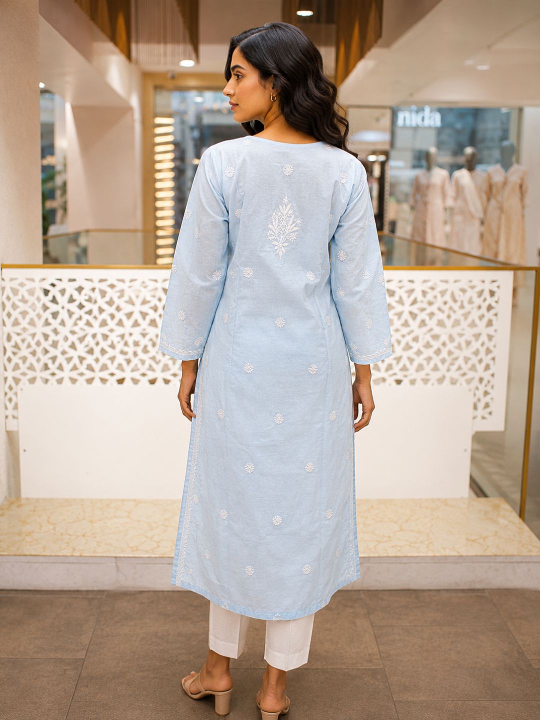 Ada Hand Embroidered Blue Cotton Lucknowi Chikankari Straight Kurta A011131