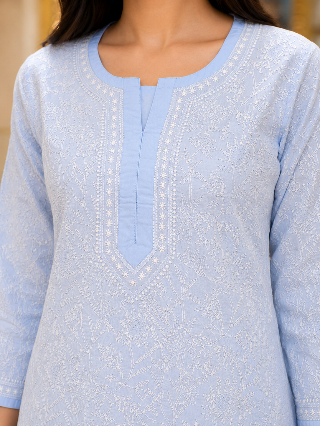 Ada Hand Embroidered Blue Cotton Lucknowi Chikankari Straight Kurta A011139