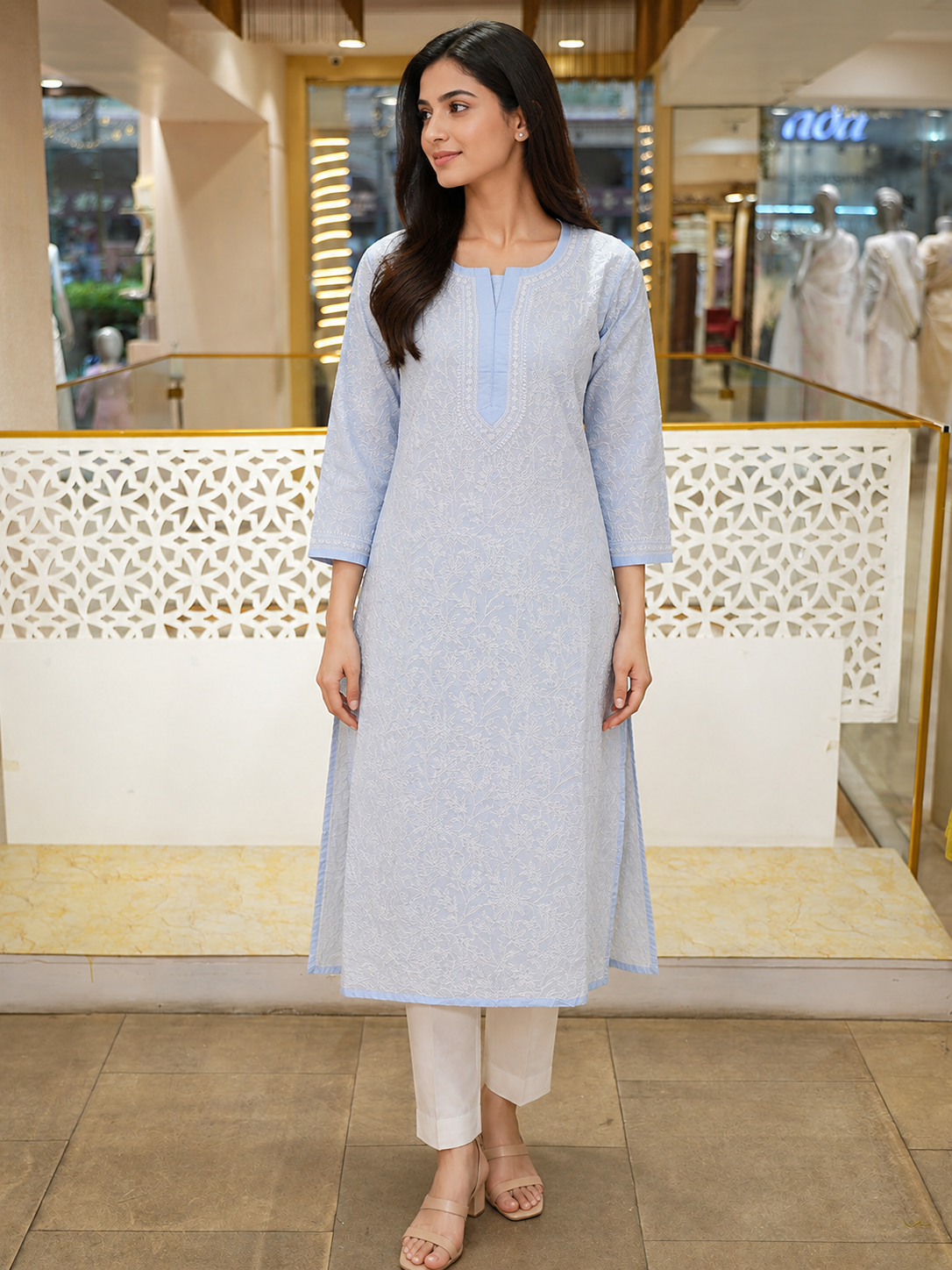 Ada Hand Embroidered Blue Cotton Lucknowi Chikankari Straight Kurta A011139