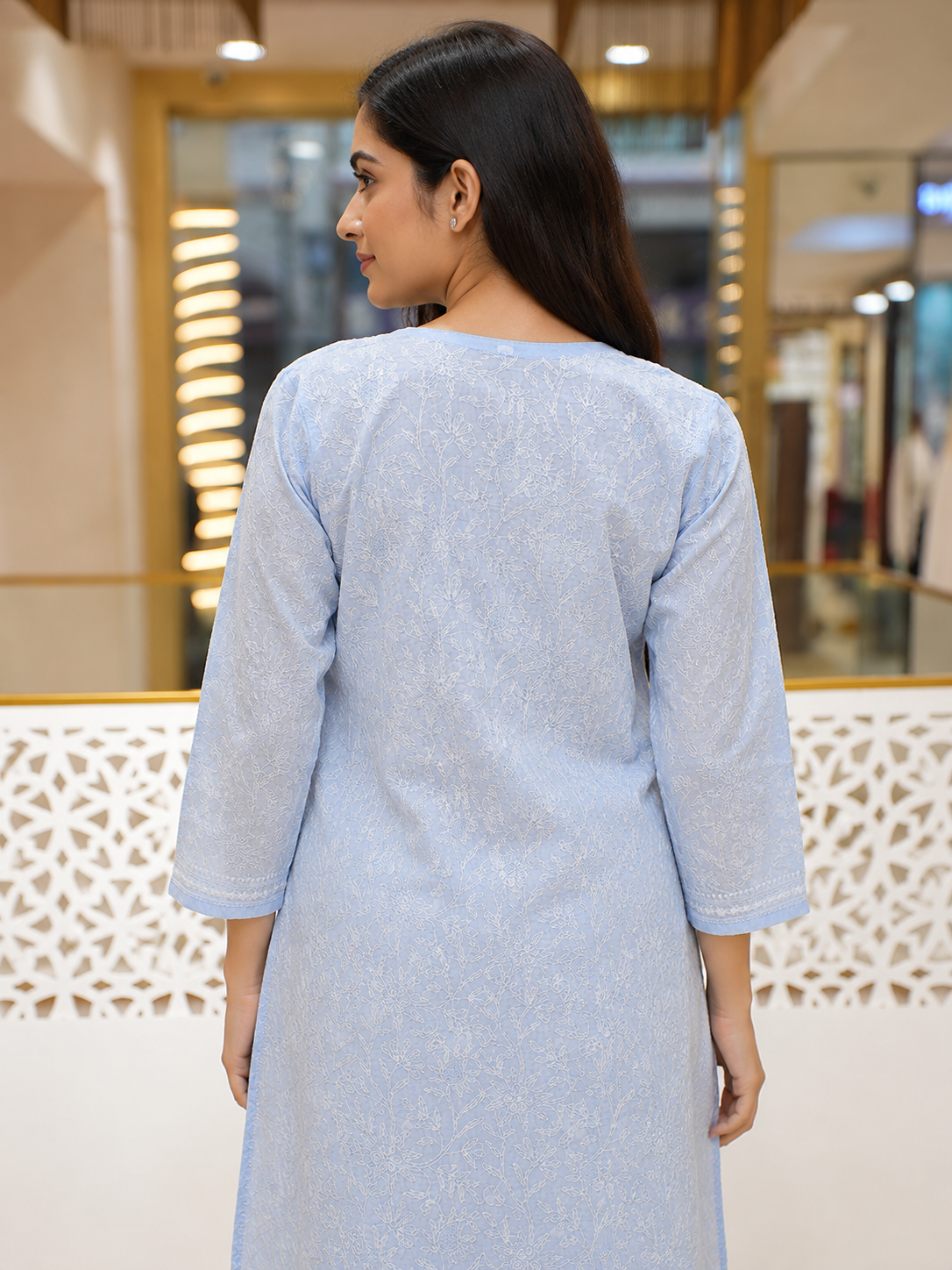 Ada Hand Embroidered Blue Cotton Lucknowi Chikankari Straight Kurta A011139
