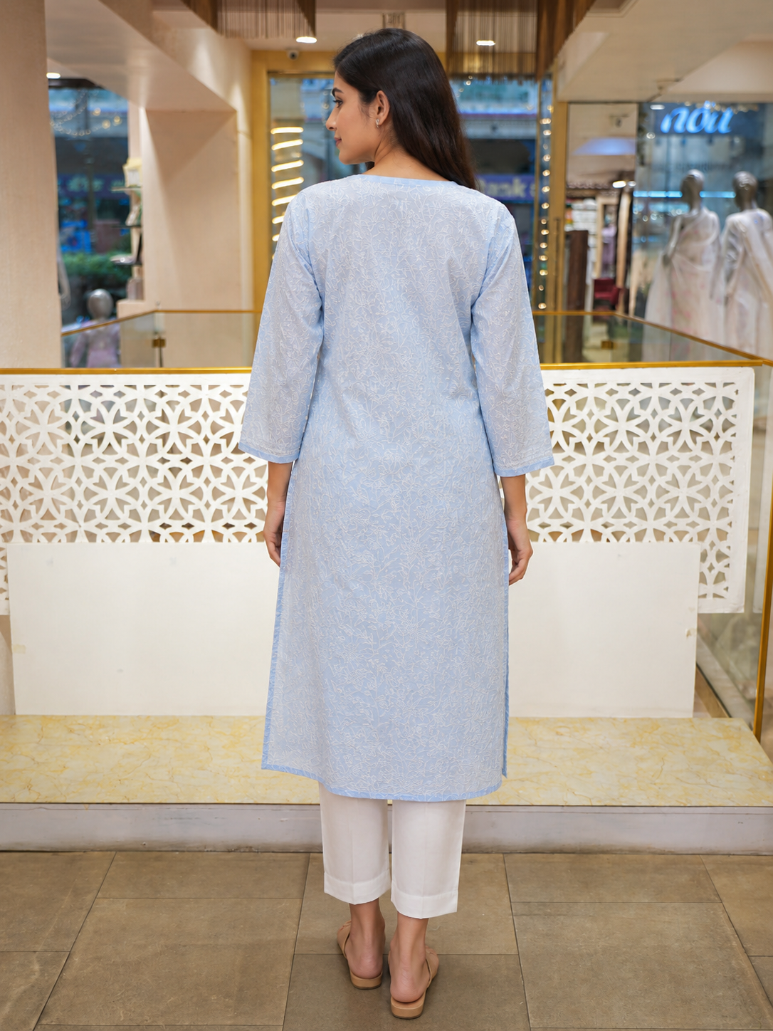 Ada Hand Embroidered Blue Cotton Lucknowi Chikankari Straight Kurta A011139