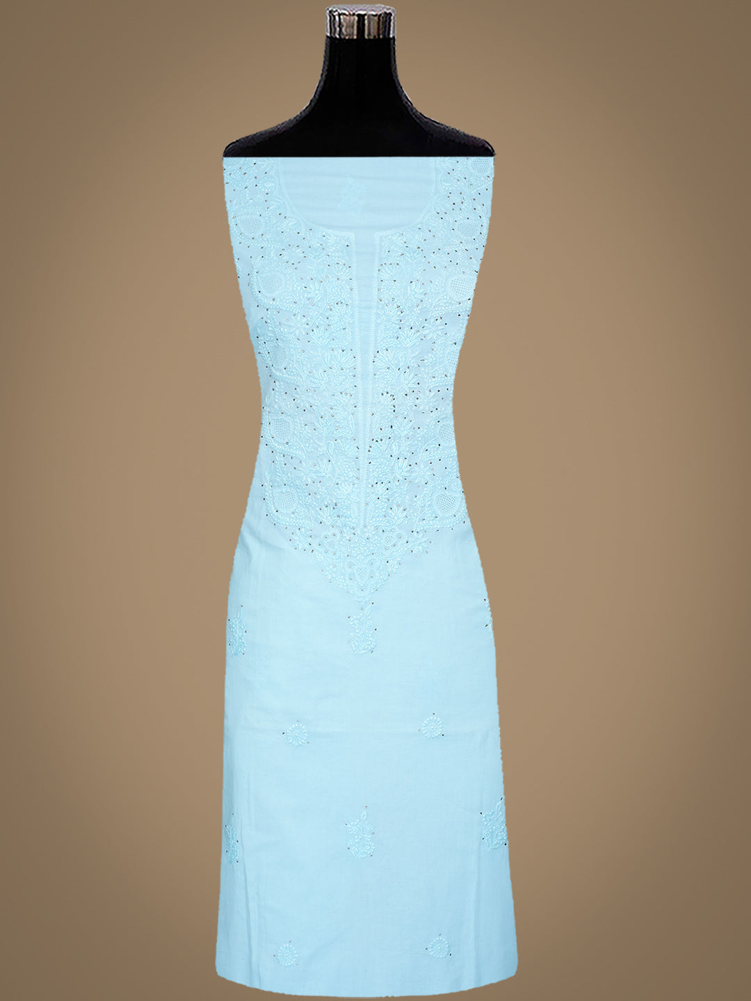 Ada Hand Embroidered Blue Cotton Lucknowi Chikankari Unstitched Kurta Dupatta Set with Muqaish/Mukaish Work 01A760117