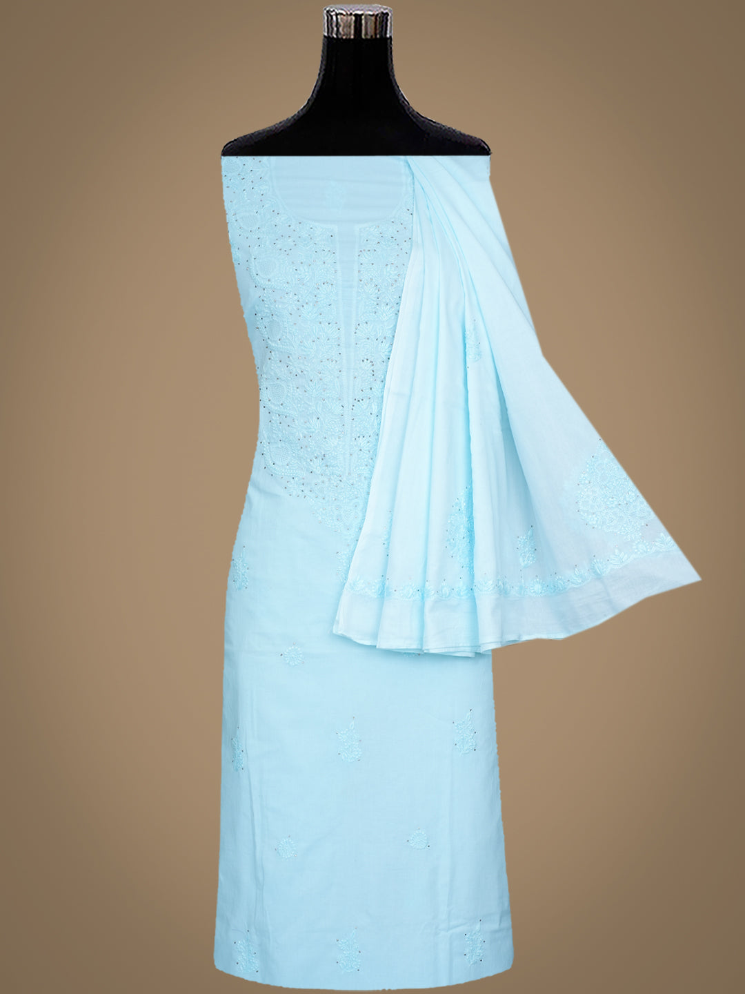 Ada Hand Embroidered Blue Cotton Lucknowi Chikankari Unstitched Kurta Dupatta Set with Muqaish/Mukaish Work 01A760117