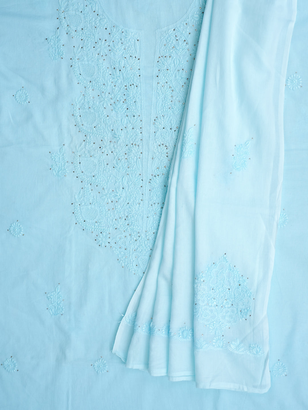 Ada Hand Embroidered Blue Cotton Lucknowi Chikankari Unstitched Kurta Dupatta Set with Muqaish/Mukaish Work 01A760117