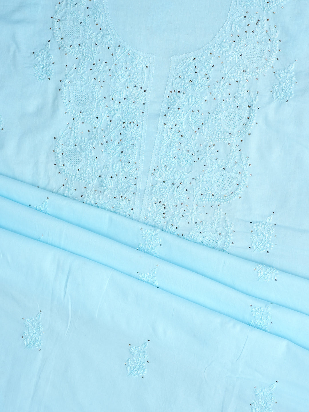Ada Hand Embroidered Blue Cotton Lucknowi Chikankari Unstitched Kurta Dupatta Set with Muqaish/Mukaish Work 01A760117