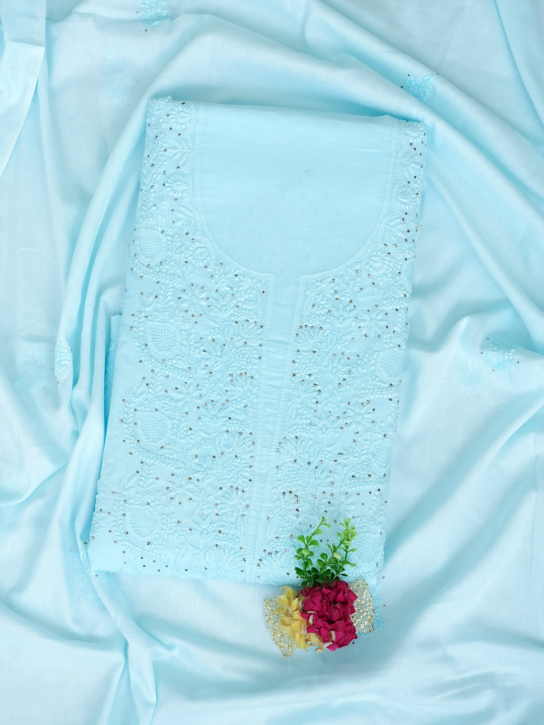 Ada Hand Embroidered Blue Cotton Lucknowi Chikankari Unstitched Kurta Dupatta Set with Muqaish/Mukaish Work 01A760117