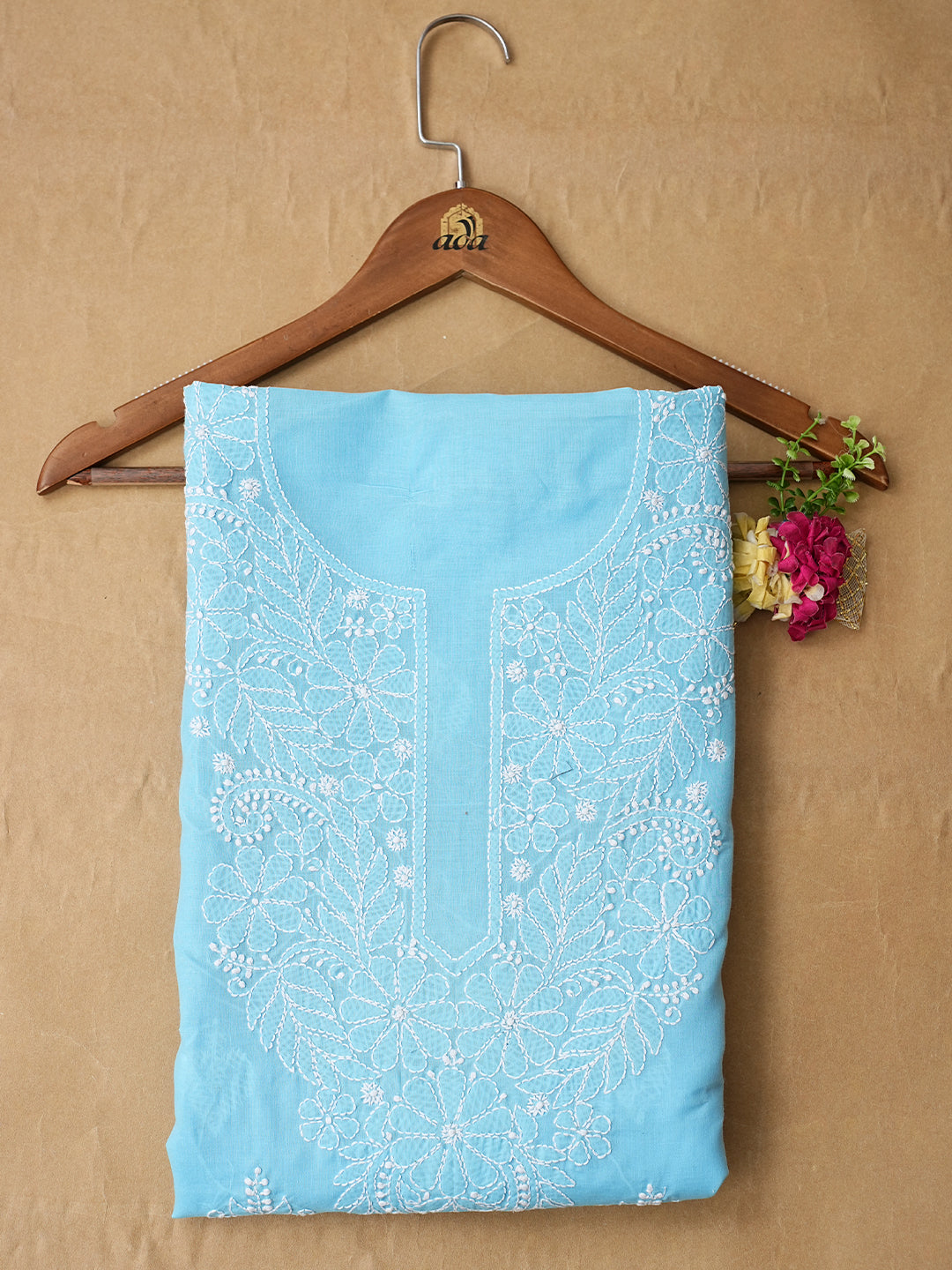 Ada Hand Embroidered Blue Cotton Lucknowi Chikankari Unstitched Kurta Piece 01A991898