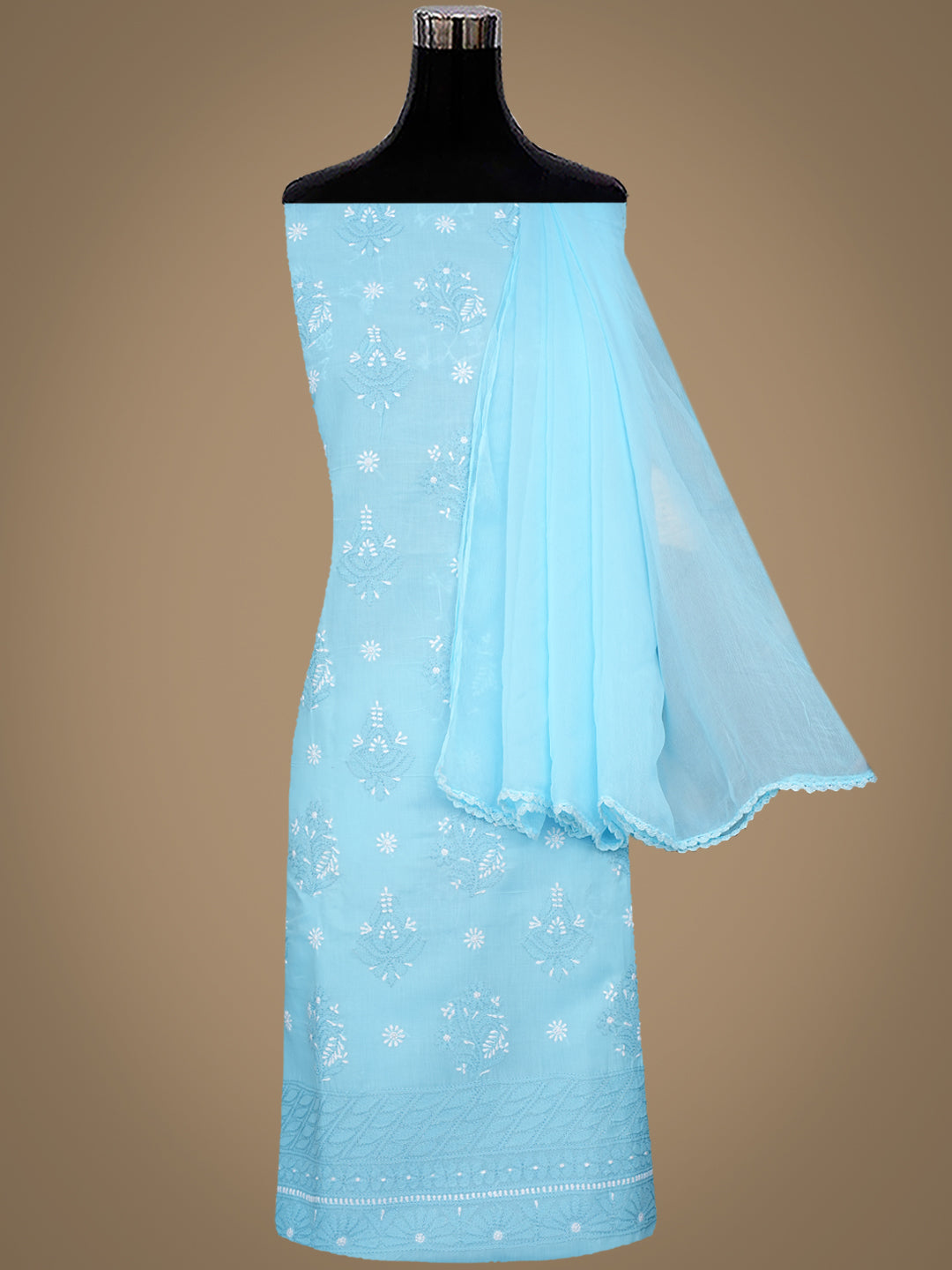 Ada Hand Embroidered Blue Cotton Lucknowi Chikankari Unstitched Suit Piece 01A595785