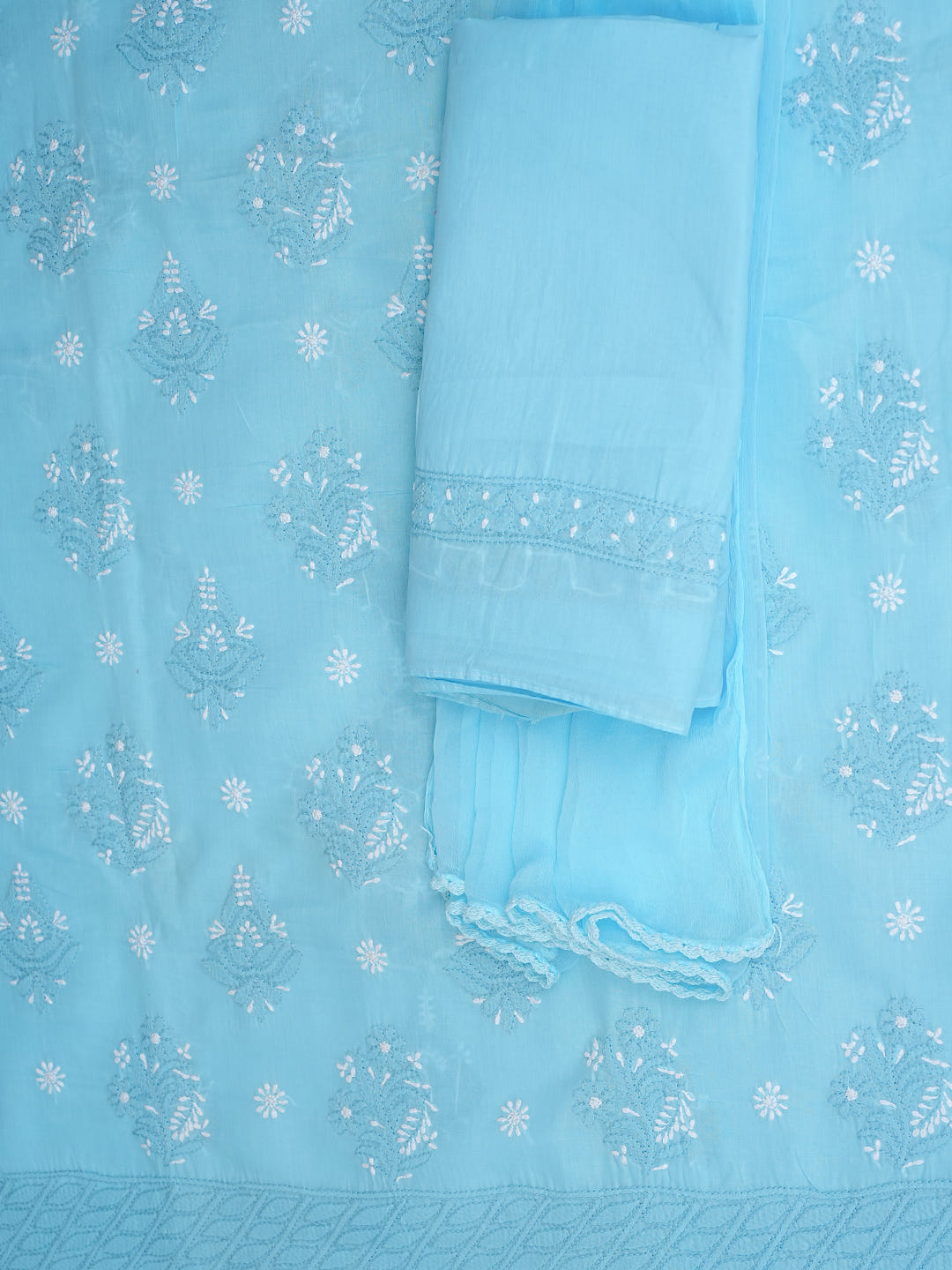 Ada Hand Embroidered Blue Cotton Lucknowi Chikankari Unstitched Suit Piece 01A595785