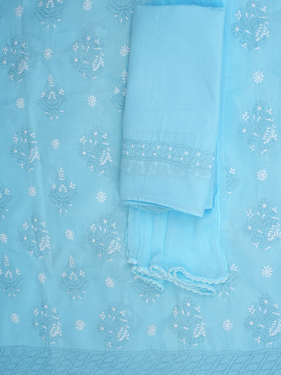 Ada Hand Embroidered Blue Cotton Lucknowi Chikankari Unstitched Suit Piece 01A595785