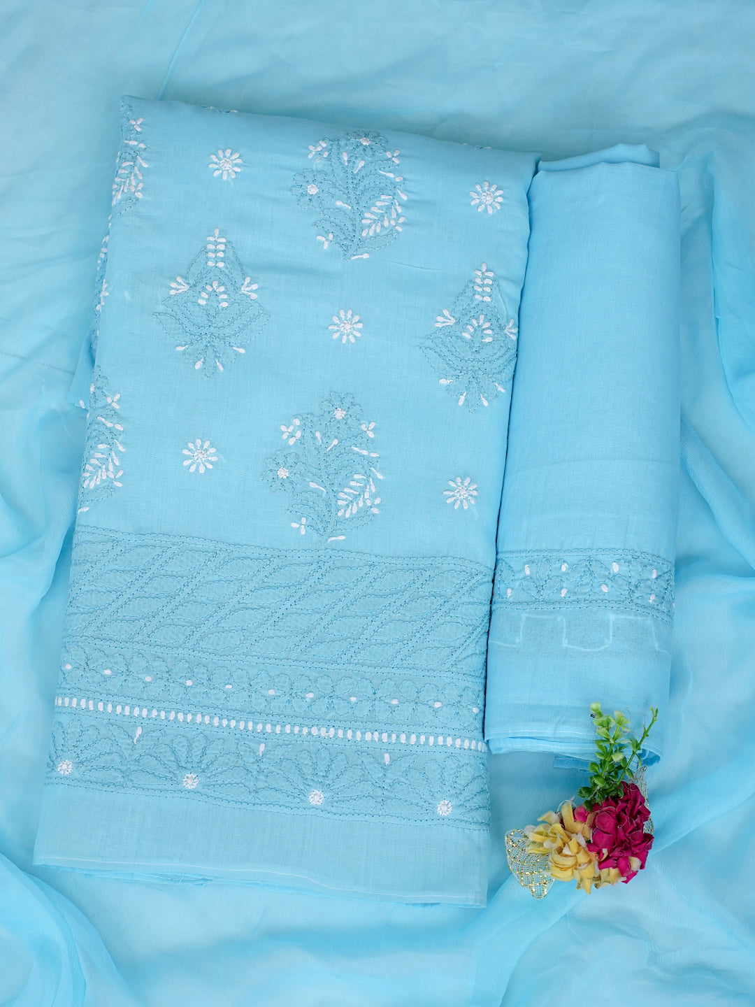 Ada Hand Embroidered Blue Cotton Lucknowi Chikankari Unstitched Suit Piece 01A595785
