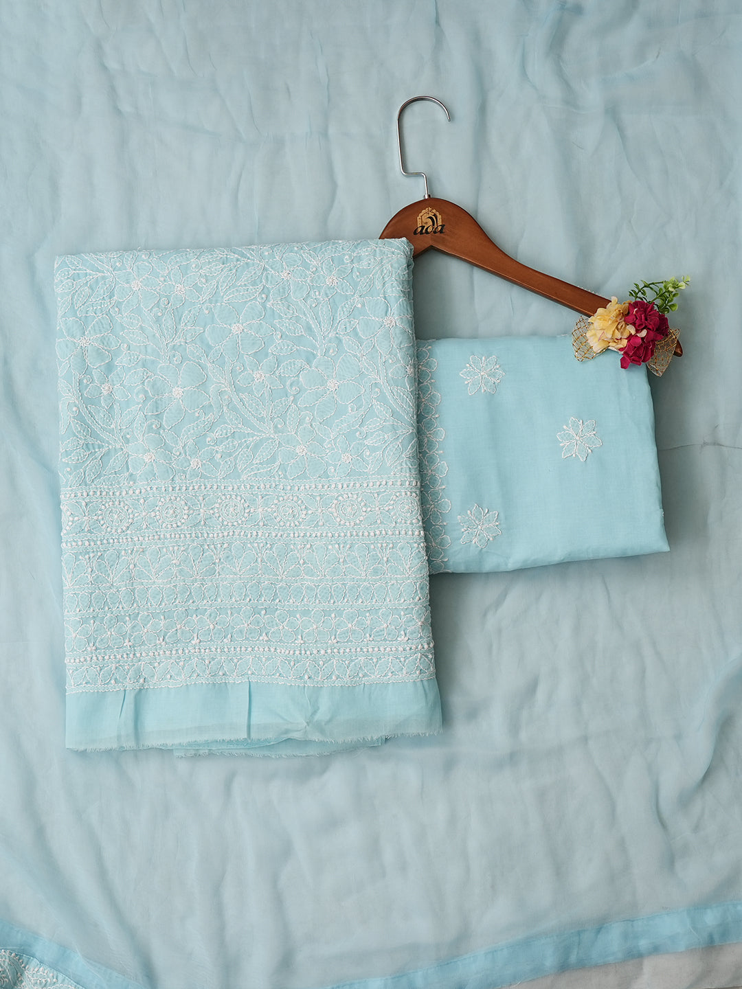 Ada Hand Embroidered Blue Cotton Lucknowi Chikankari Unstitched Suit Piece 01A921058
