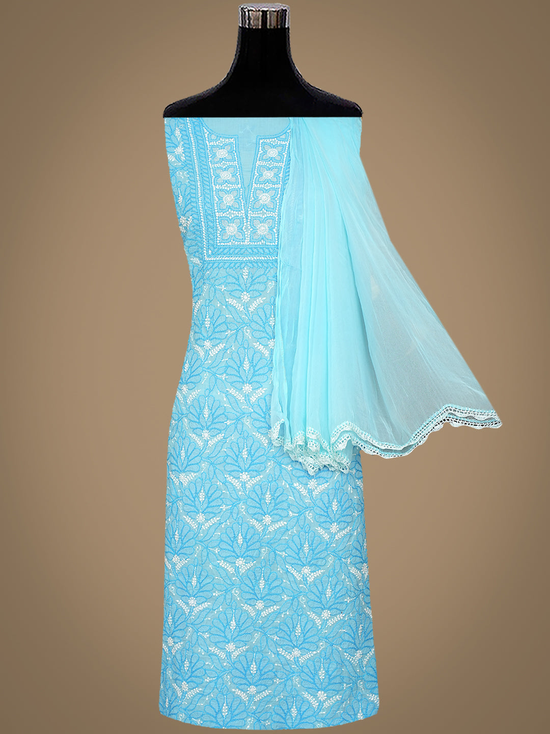 Ada Hand Embroidered Blue Cotton Lucknowi Chikankari Unstitched Suit Piece 01A986931