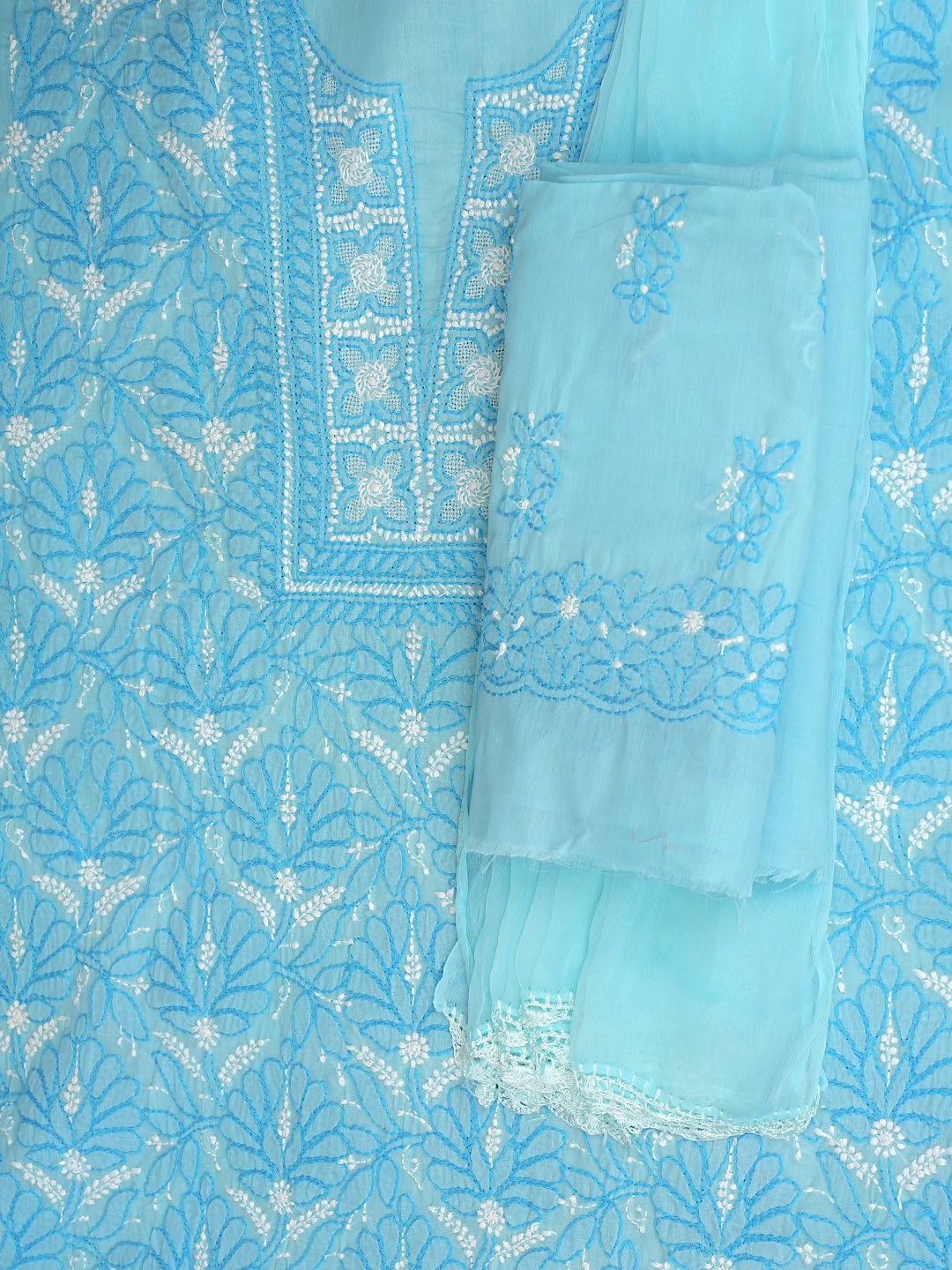 Ada Hand Embroidered Blue Cotton Lucknowi Chikankari Unstitched Suit Piece 01A986931