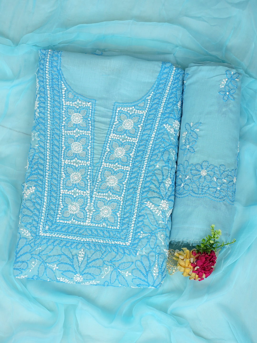 Ada Hand Embroidered Blue Cotton Lucknowi Chikankari Unstitched Suit Piece 01A986931