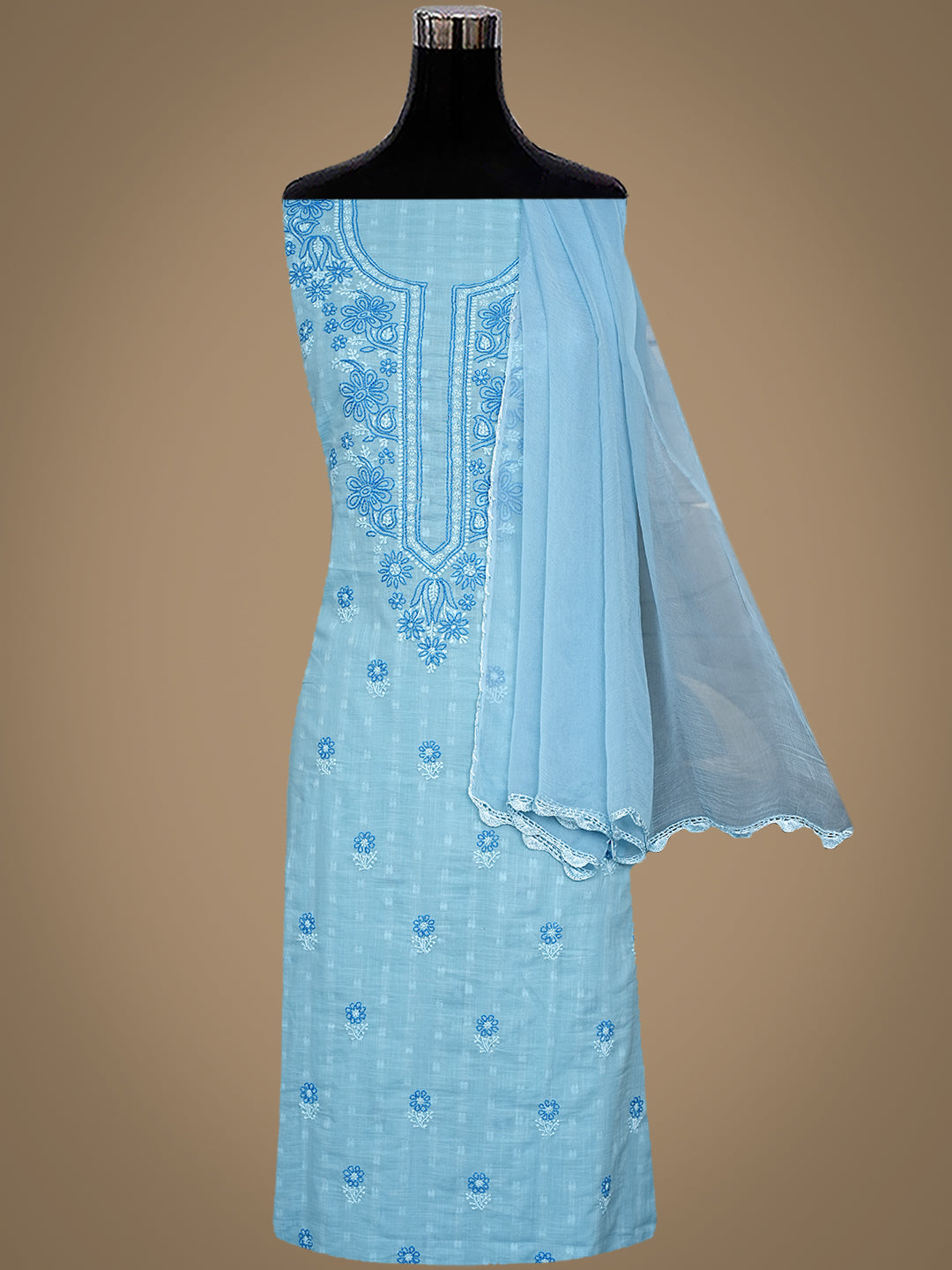 Ada Hand Embroidered Blue Cotton Lucknowi Chikankari Unstitched Suit Piece 01A988392