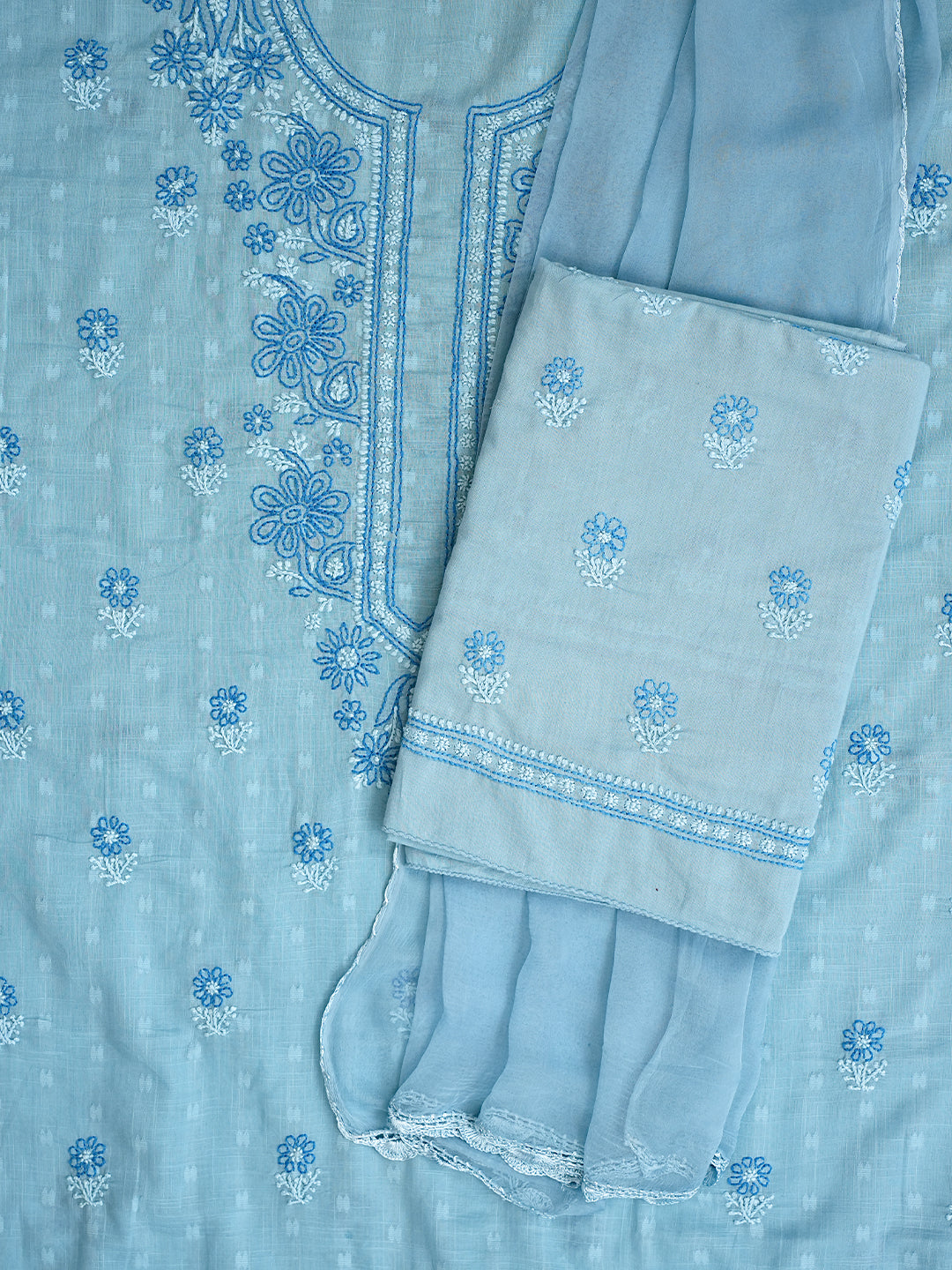 Ada Hand Embroidered Blue Cotton Lucknowi Chikankari Unstitched Suit Piece 01A988392