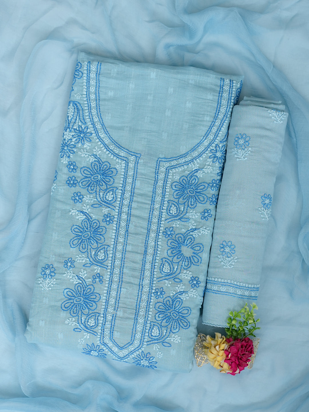 Ada Hand Embroidered Blue Cotton Lucknowi Chikankari Unstitched Suit Piece 01A988392