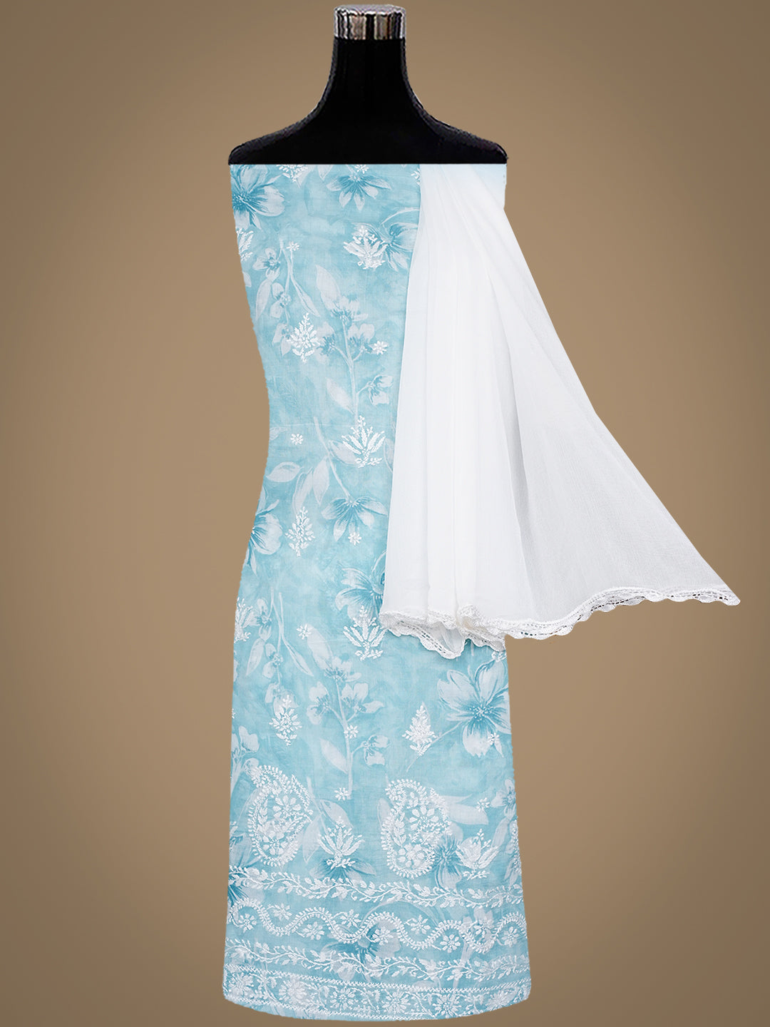 Ada Hand Embroidered Blue Cotton Lucknowi Chikankari Unstitched Suit Set With Chiffon Dupatta 01A989961