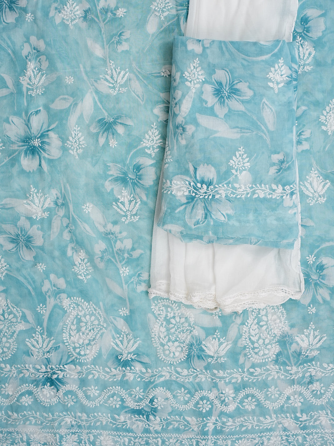 Ada Hand Embroidered Blue Cotton Lucknowi Chikankari Unstitched Suit Set With Chiffon Dupatta 01A989961