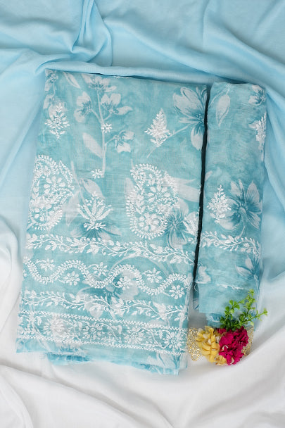 Ada Hand Embroidered Blue Cotton Lucknowi Chikankari Unstitched Suit Piece 01A989961