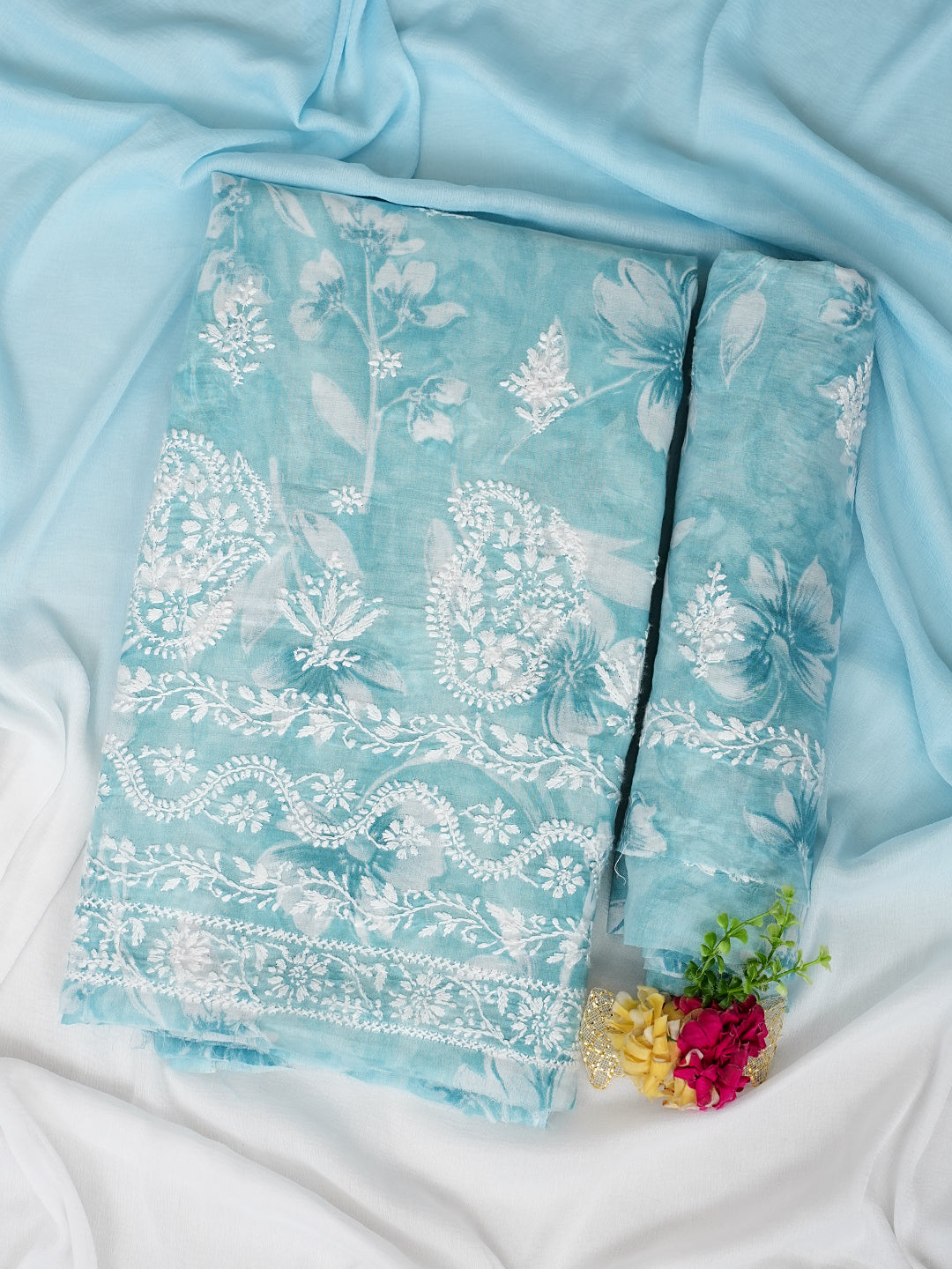 Ada Hand Embroidered Blue Cotton Lucknowi Chikankari Unstitched Suit Set With Chiffon Dupatta 01A989961