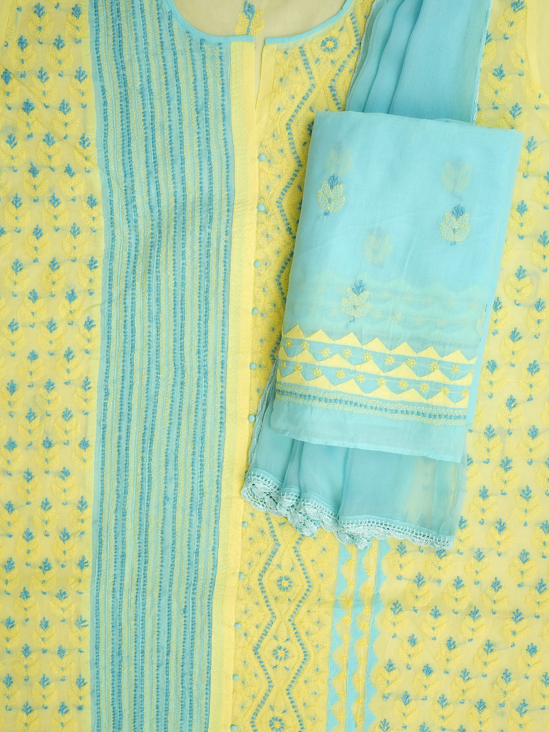 Ada Hand Embroidered Blue Cotton Lucknowi Chikankari Unstitched Suit Piece 01A993047
