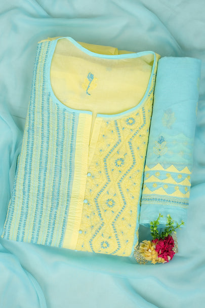 Ada Hand Embroidered Blue Cotton Lucknowi Chikankari Unstitched Suit Piece 01A993047