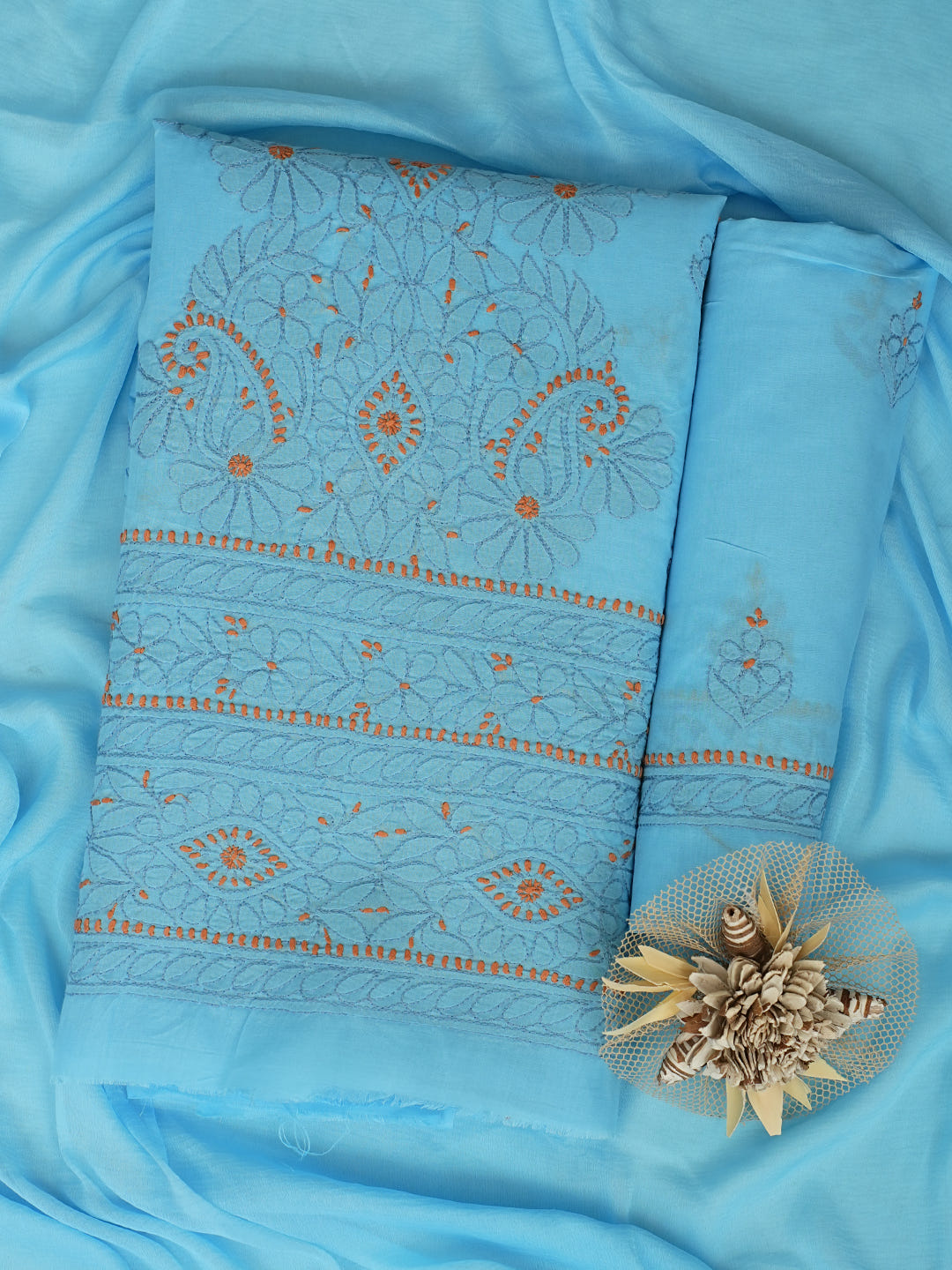 Ada Hand Embroidered Blue Cotton Lucknowi Chikankari Unstitched Suit Piece With Chiffon Dupatta 01A1010621_1
