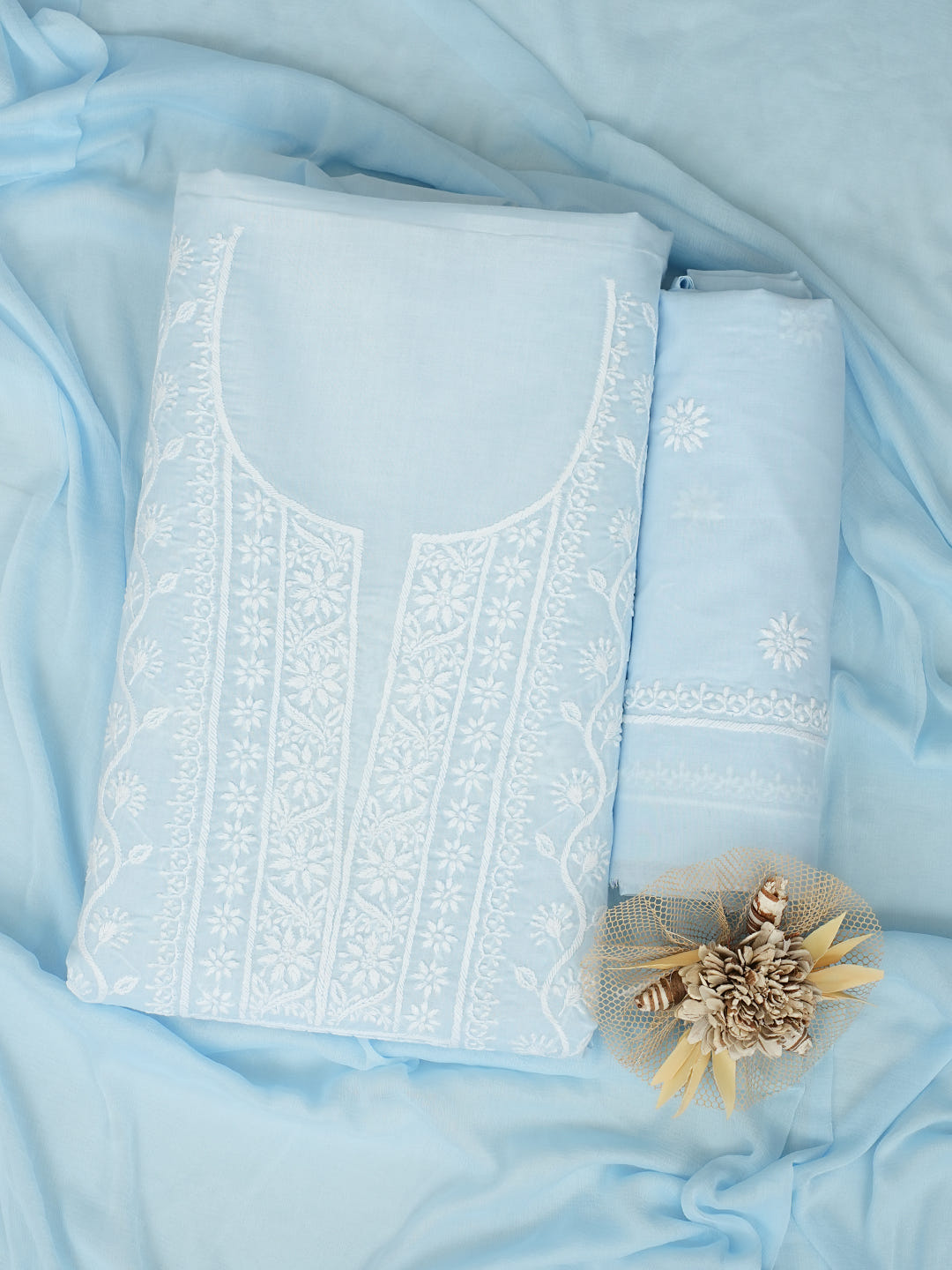 Ada Hand Embroidered Blue Cotton Lucknowi Chikankari Unstitched Suit Piece With Chiffon Dupatta 01A1025630_1