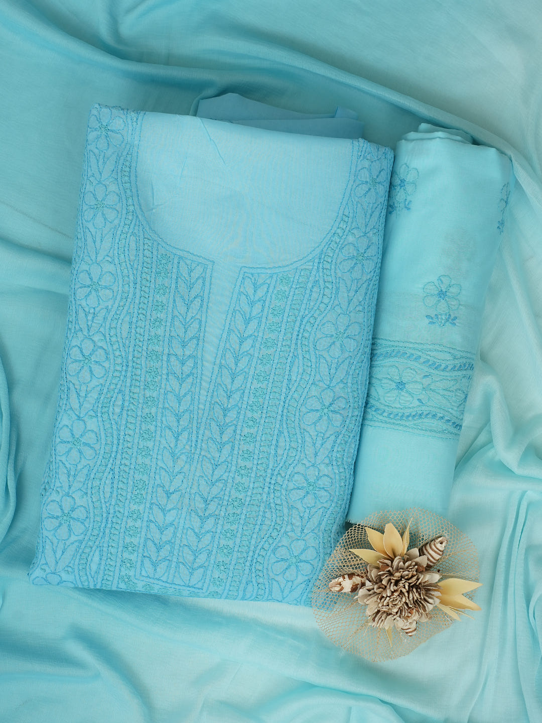 Ada Hand Embroidered Blue Cotton Lucknowi Chikankari Unstitched Suit Piece With Chiffon Dupatta 01A1025759_1