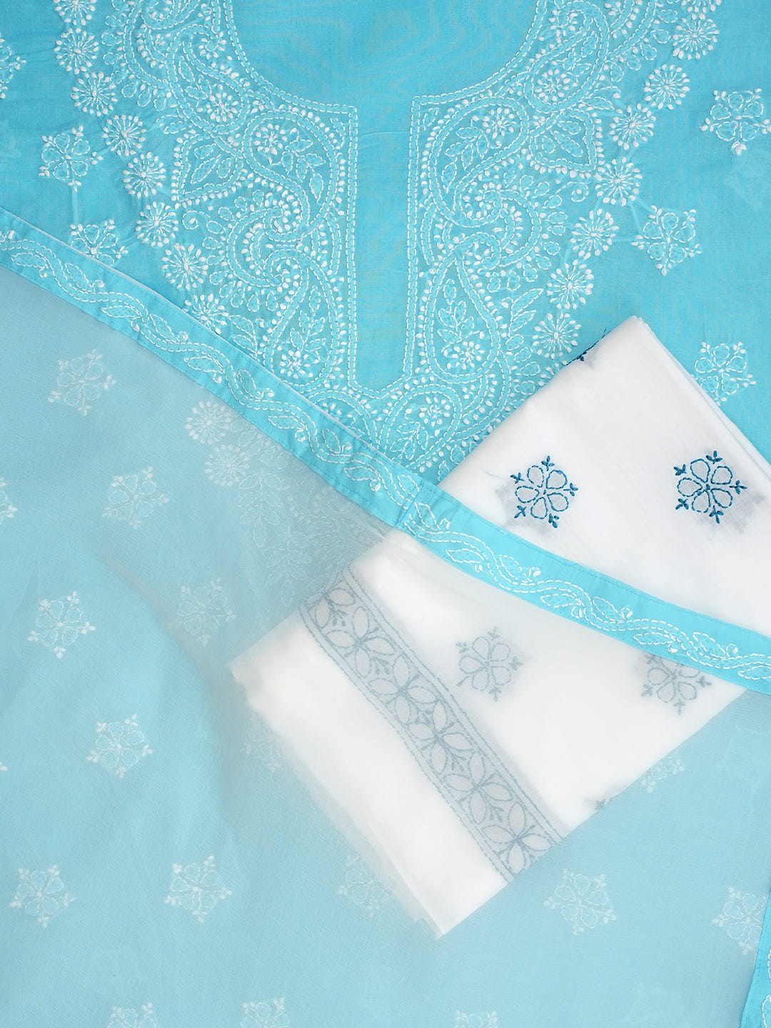 Ada Hand Embroidered Blue Cotton Lucknowi Chikankari Unstitched Suit Piece With Chiffon Dupatta A211362
